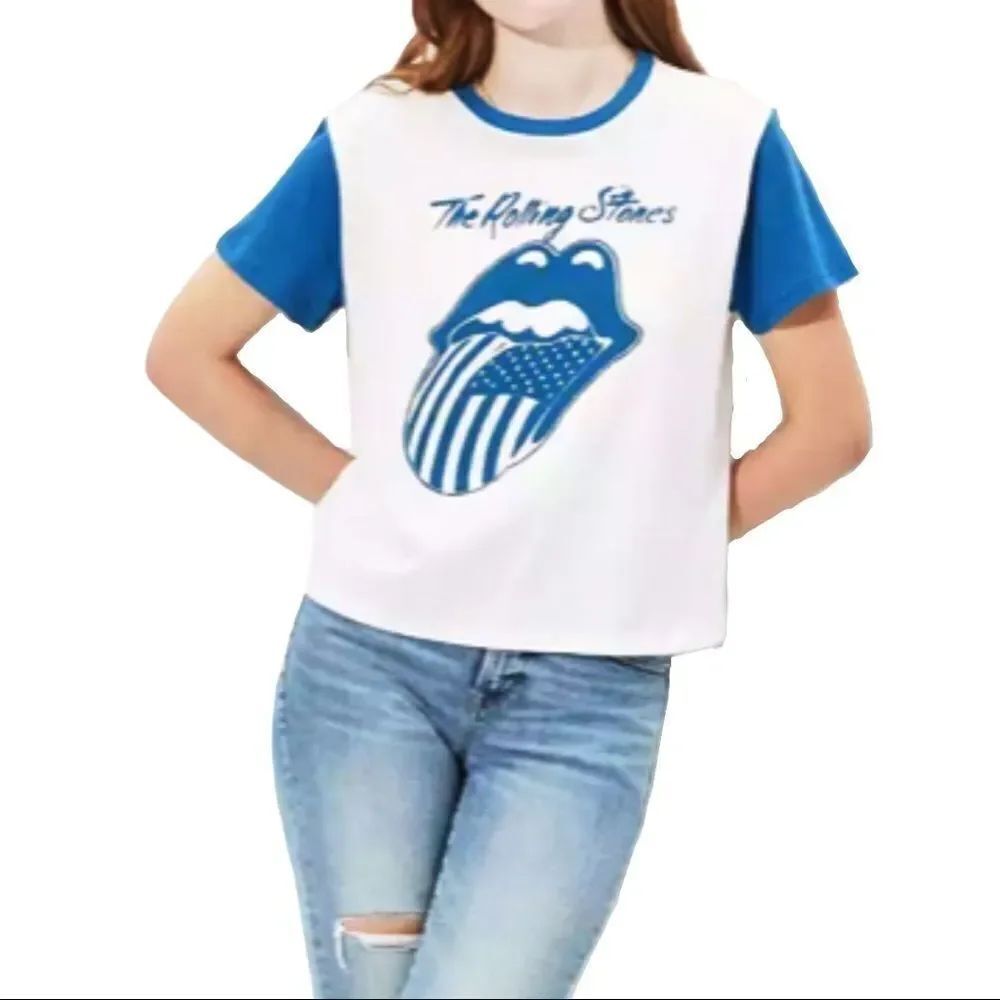 White Raglan Blue Short Sleeves Rolling Stones Graphic Tee Shirt NEW